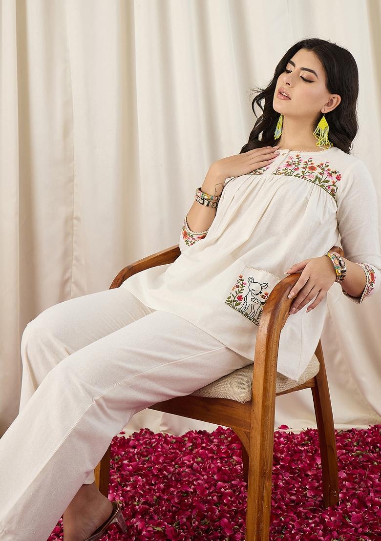 Off White Thread Work Cotton Kurta Set - Indya