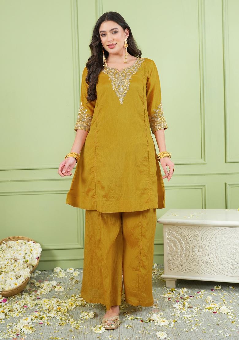 Mustard Embroidered Silk Palazzo Set - Indya
