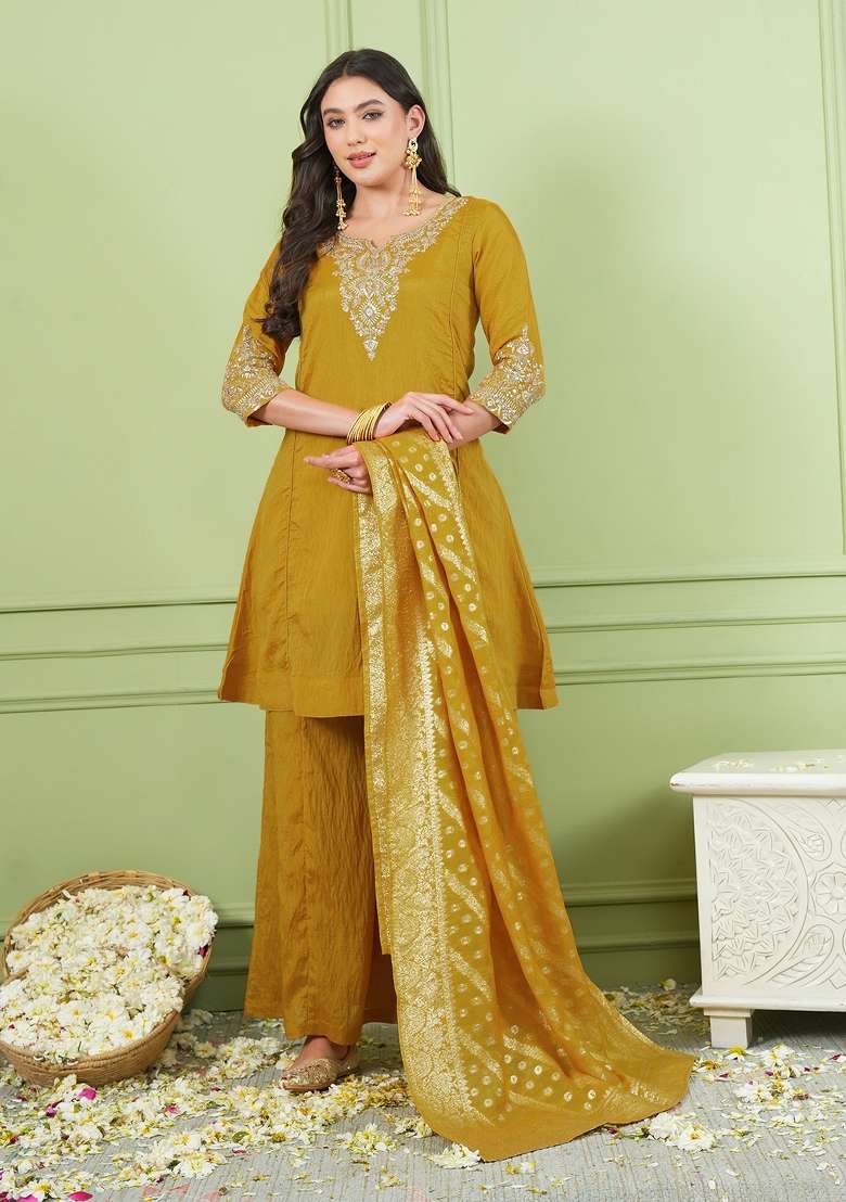 Mustard Embroidered Silk Palazzo Set - Indya