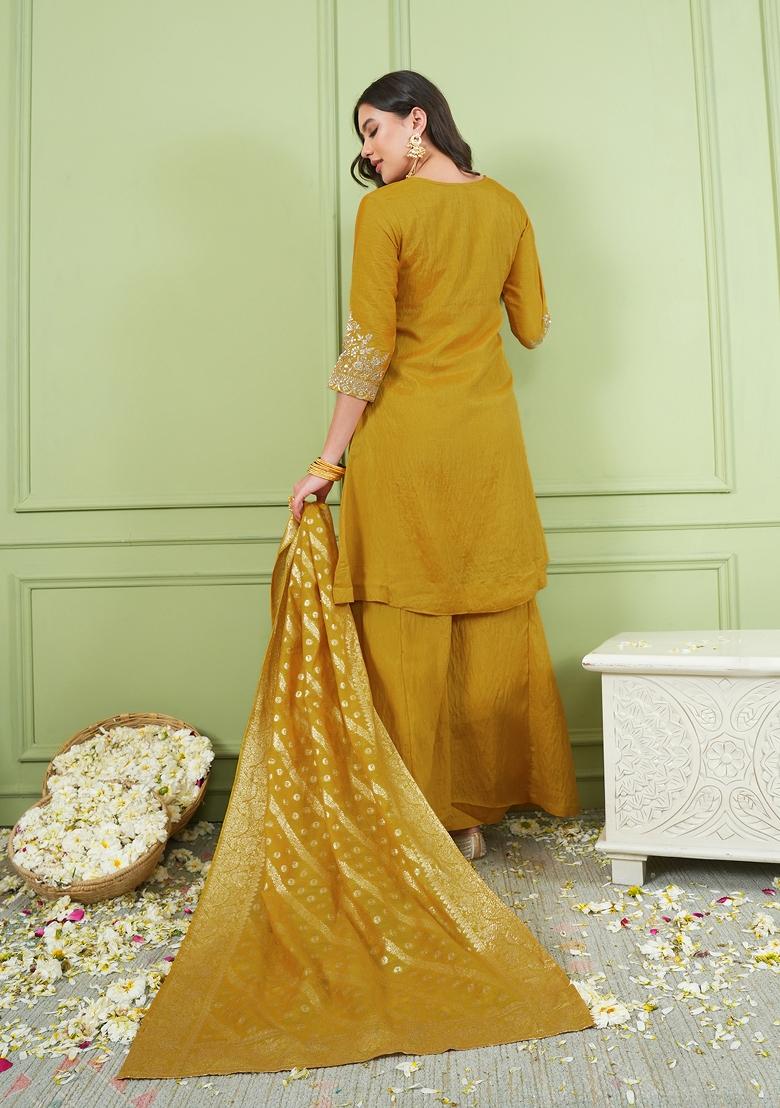 Mustard Embroidered Silk Palazzo Set - Indya