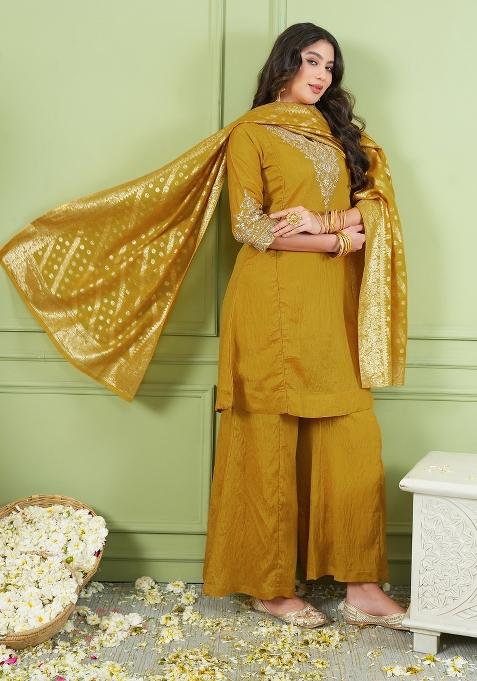 Mustard Embroidered Silk Palazzo Set