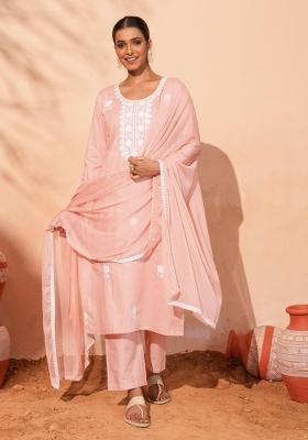 Peach Thread Work Cotton Kurta Set