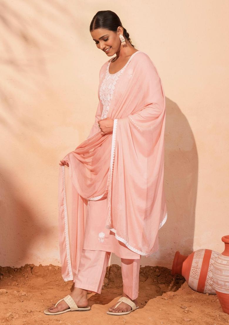 Peach Thread Work Cotton Kurta Set - Indya