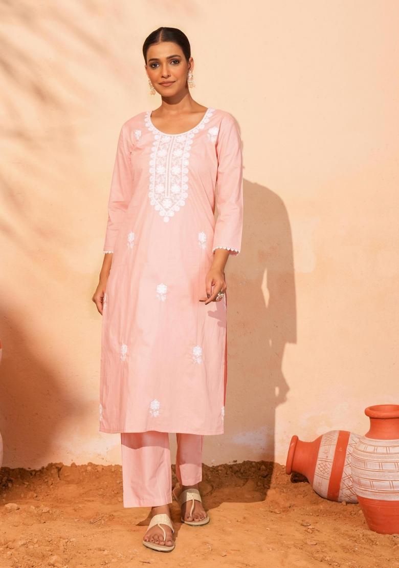 Peach Thread Work Cotton Kurta Set - Indya