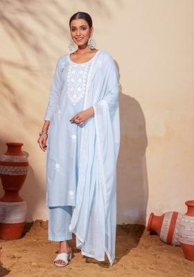 Sky Blue Thread Work Cotton Kurta Set