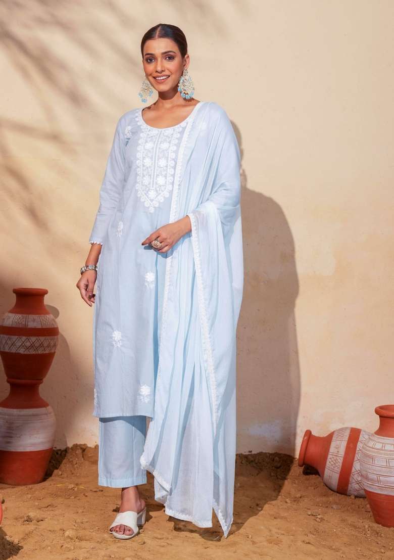 Sky Blue Thread Work Cotton Kurta Set - Indya