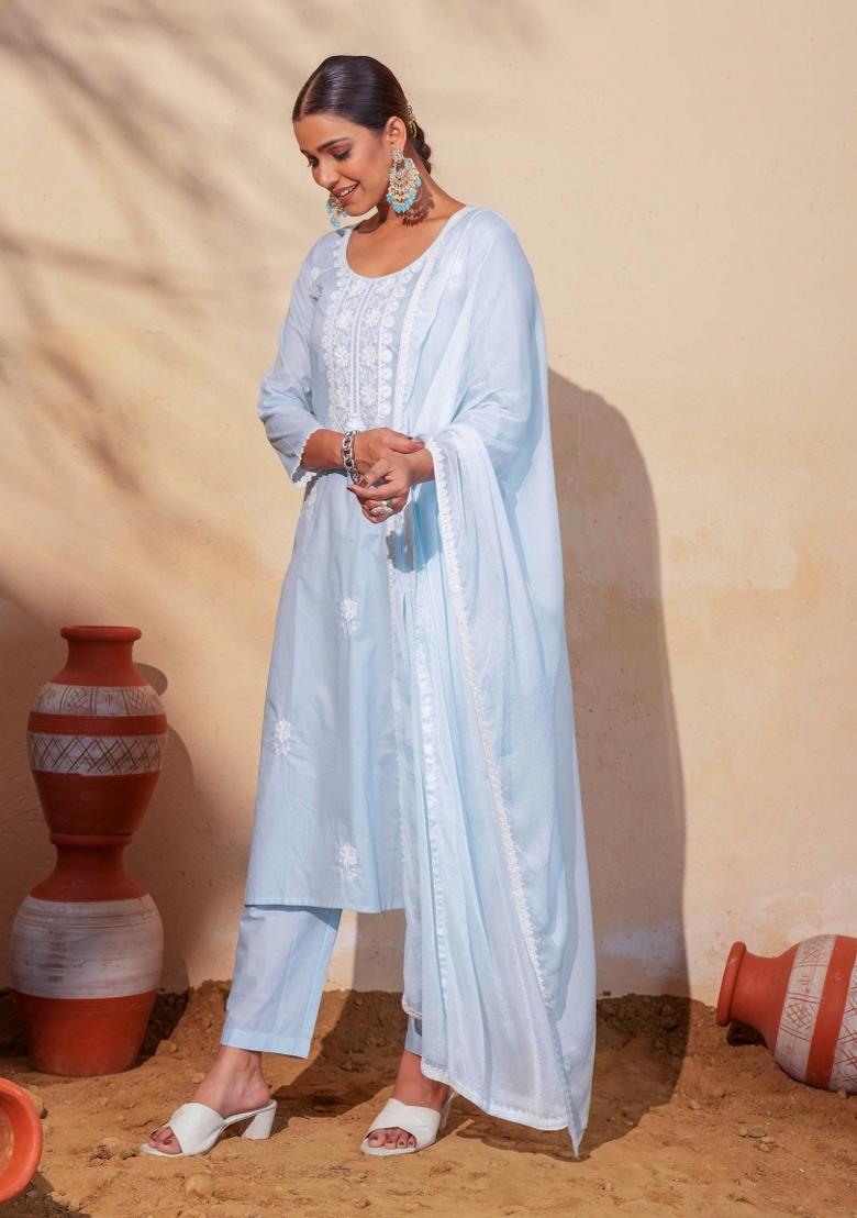 Sky Blue Thread Work Cotton Kurta Set - Indya