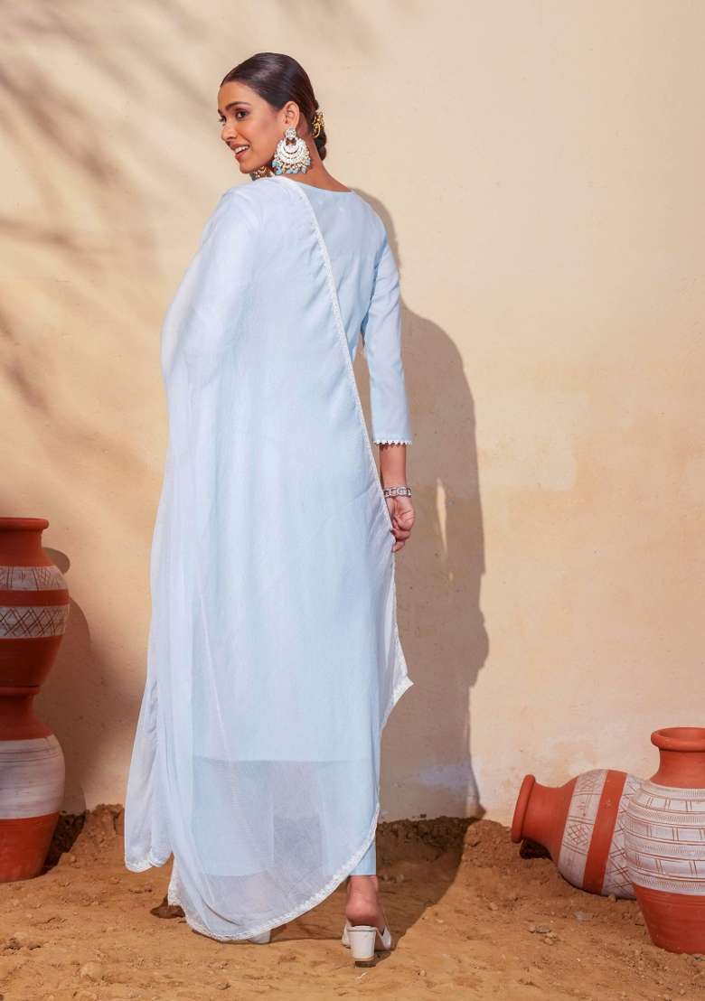 Sky Blue Thread Work Cotton Kurta Set - Indya