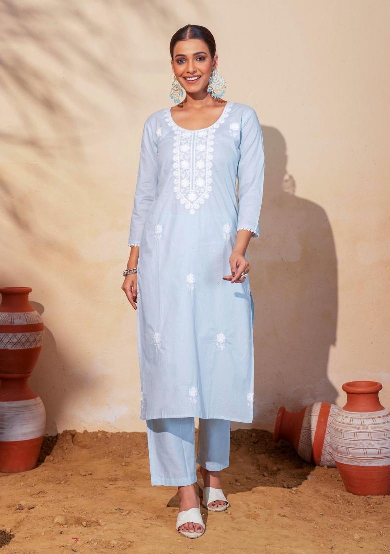 Sky Blue Thread Work Cotton Kurta Set - Indya