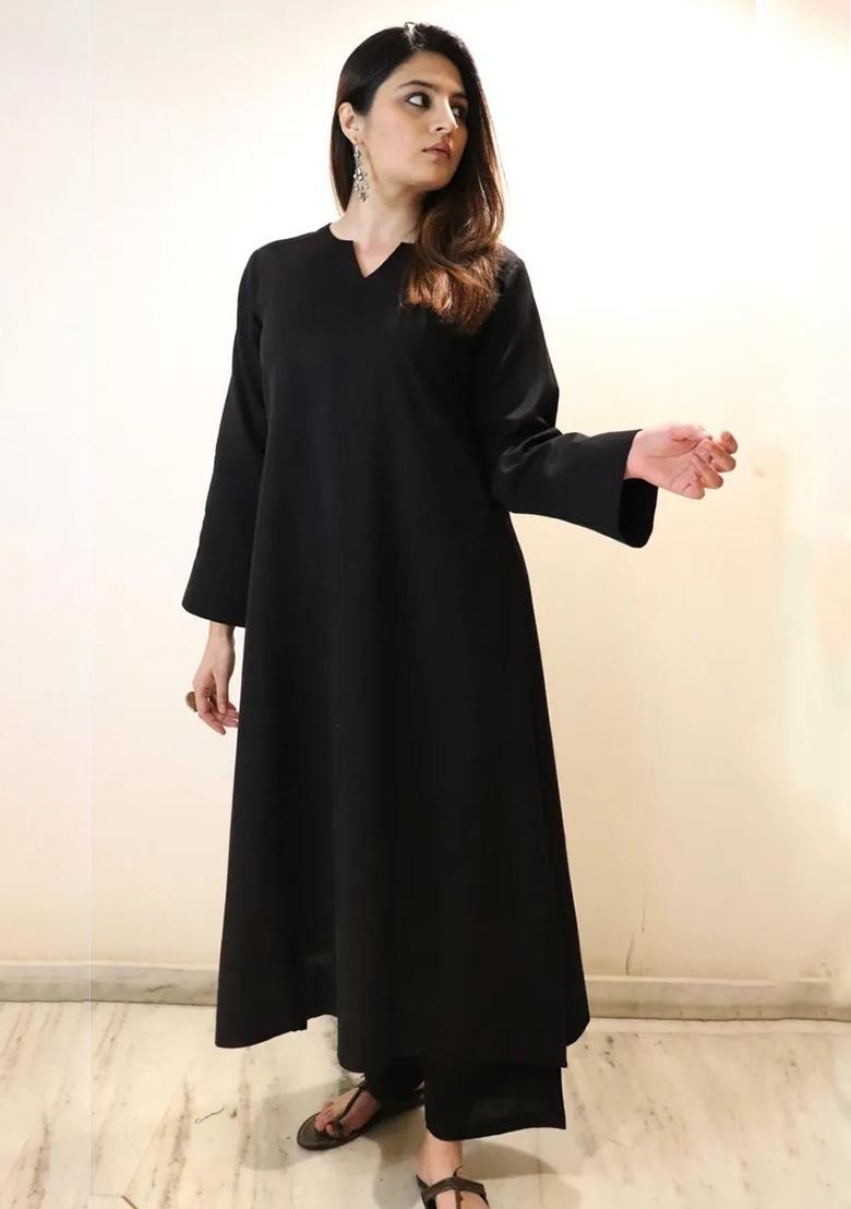 Black Solid Chanderi Kurta Set - Indya