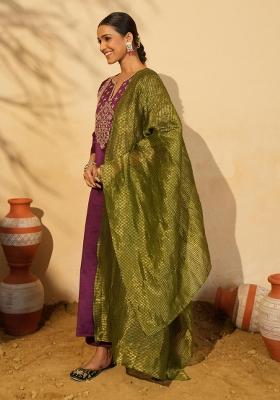 Wine Embroidered Silk Blend Kurta Set