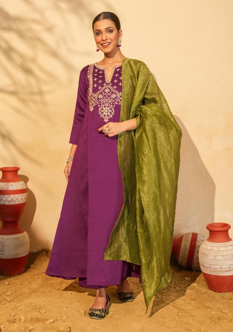 Wine Embroidered Silk Blend Kurta Set - Indya
