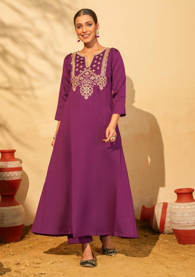 Wine Embroidered Silk Blend Kurta Set - Indya