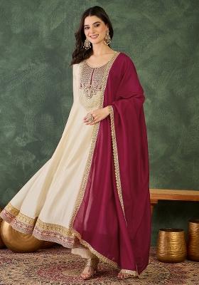 Cream Embroidered Silk Blend Anarkali Set