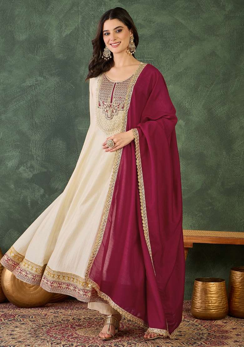 Cream Embroidered Silk Blend Anarkali Set - Indya