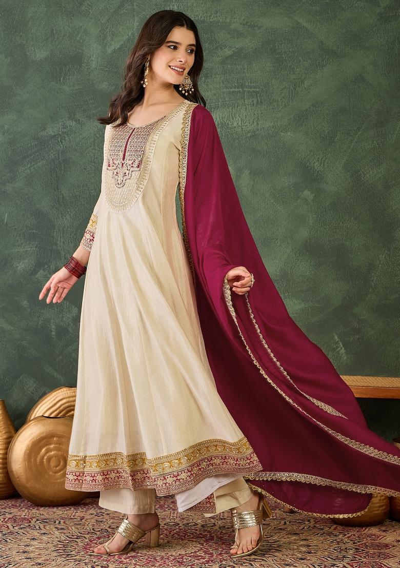Cream Embroidered Silk Blend Anarkali Set - Indya