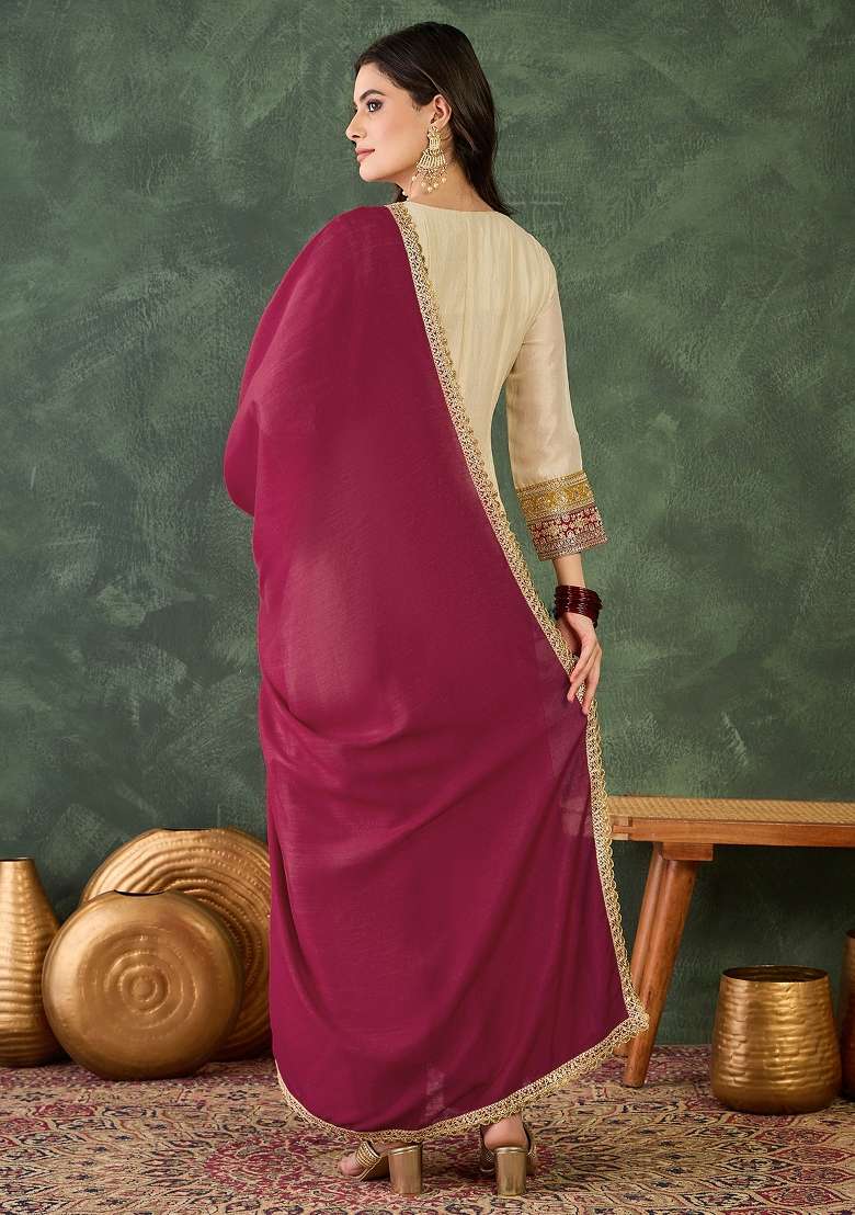 Cream Embroidered Silk Blend Anarkali Set - Indya