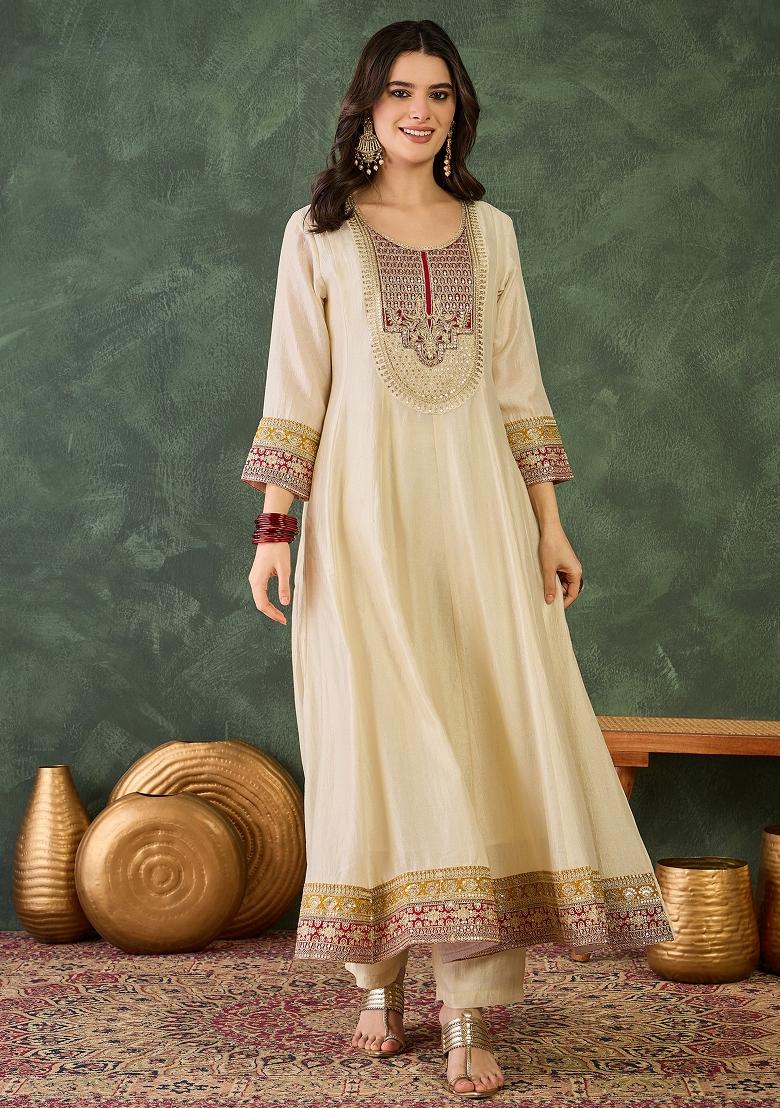 Cream Embroidered Silk Blend Anarkali Set - Indya