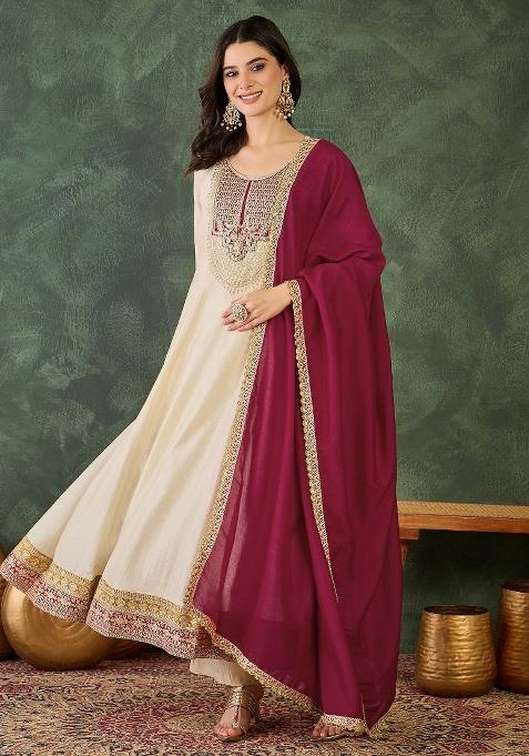 Cream Embroidered Silk Blend Anarkali Set