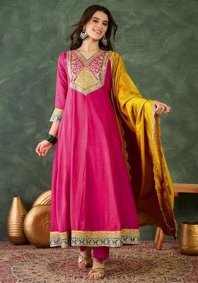 Rani Pink Embroidered Silk Blend Anarkali Set