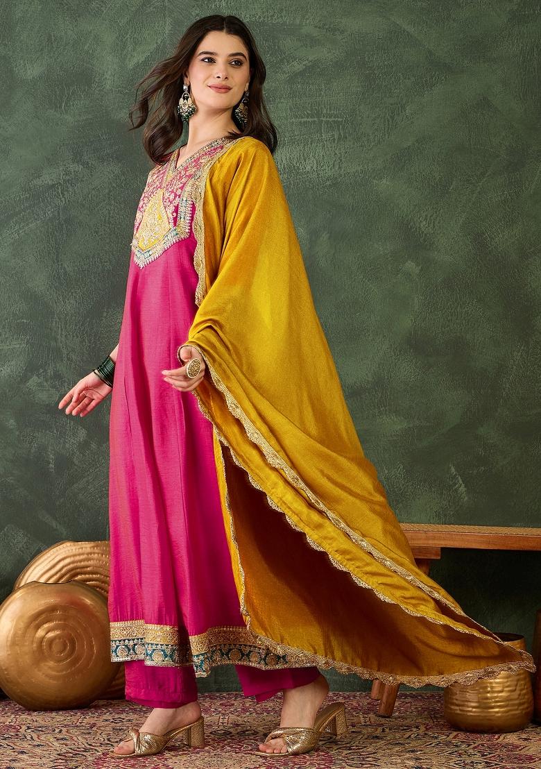 Rani Pink Embroidered Silk Blend Anarkali Set - Indya