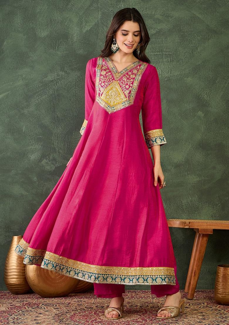 Rani Pink Embroidered Silk Blend Anarkali Set - Indya