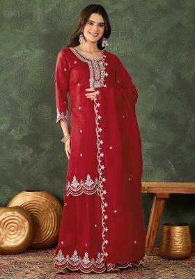 Red Embroidered Silk Sharara Set