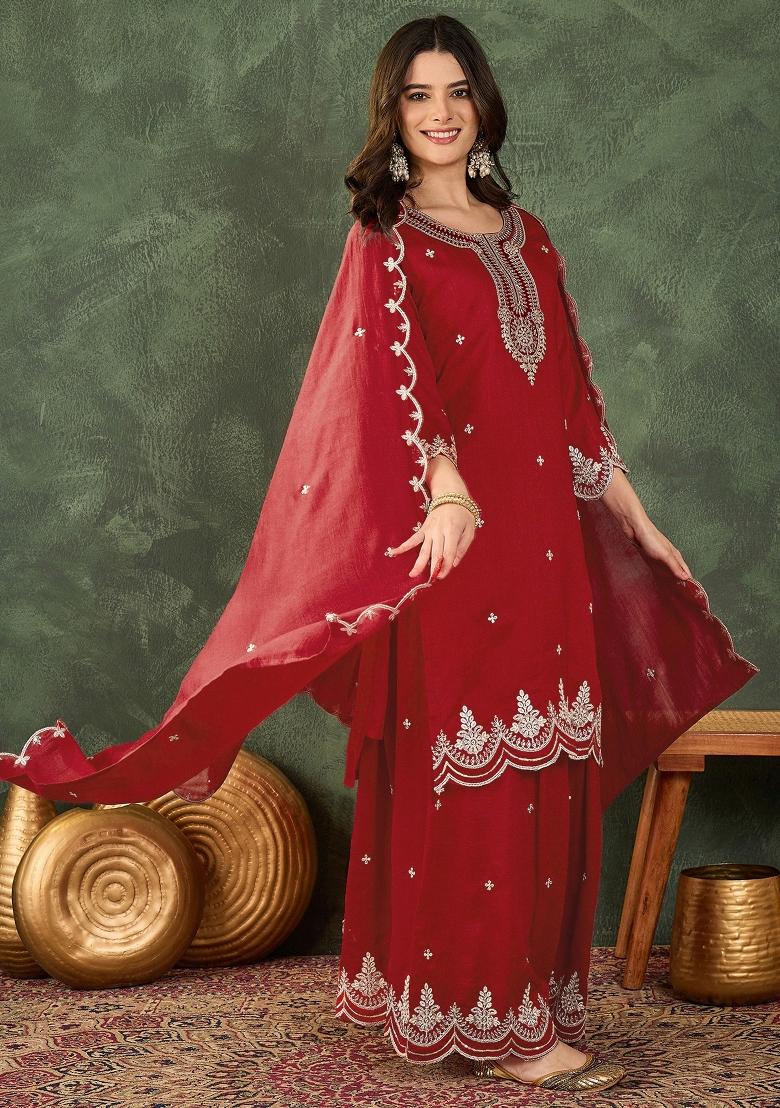 Red Embroidered Silk Sharara Set - Indya