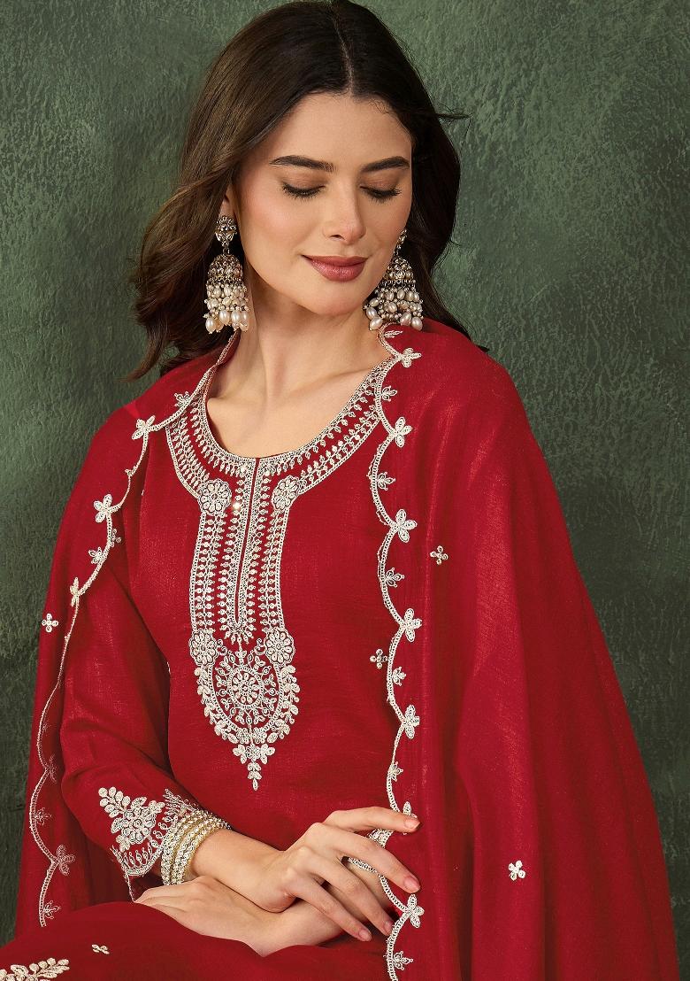 Red Embroidered Silk Sharara Set - Indya