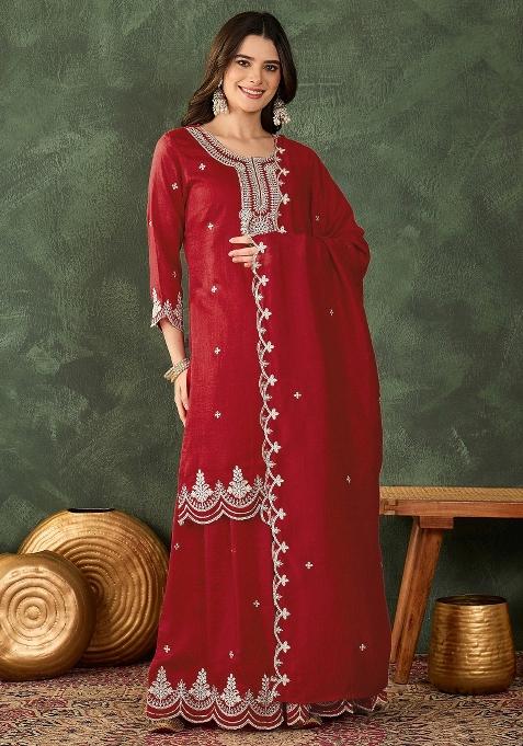 Red Embroidered Silk Sharara Set