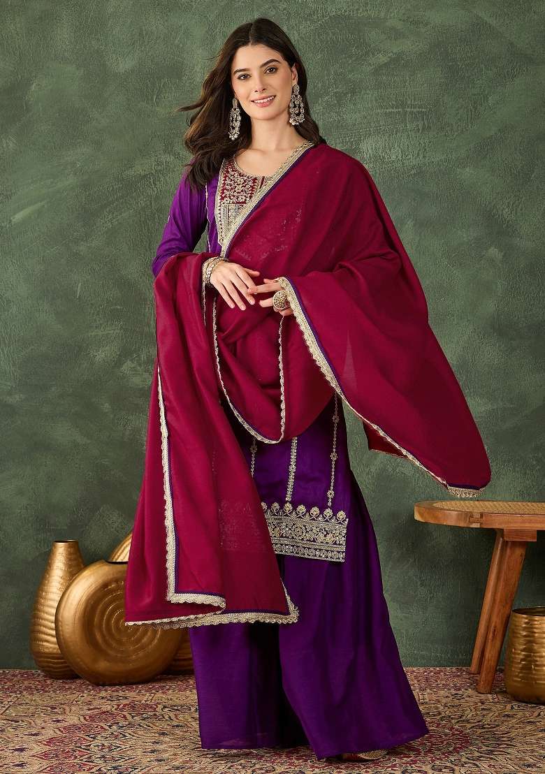 Violet Embroidered Silk Sharara Set - Indya