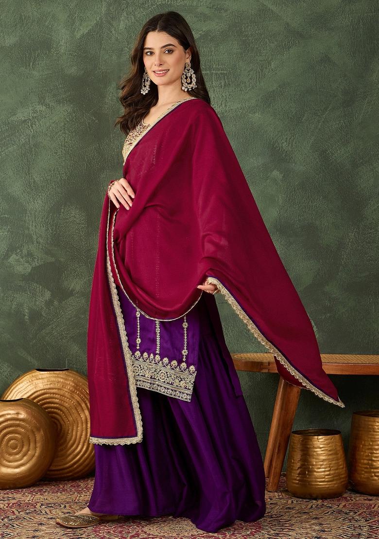 Violet Embroidered Silk Sharara Set - Indya