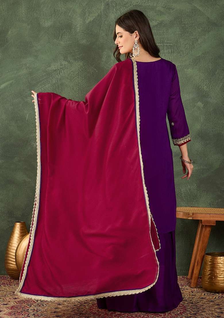 Violet Embroidered Silk Sharara Set - Indya