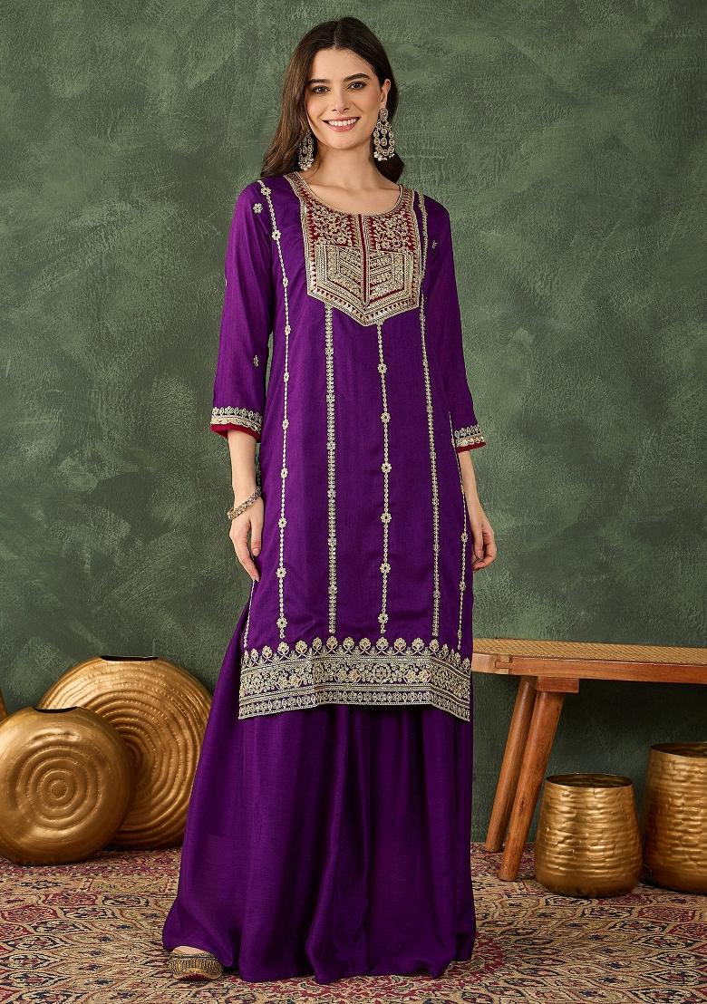Violet Embroidered Silk Sharara Set - Indya
