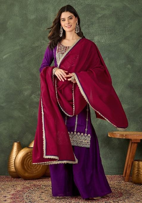Violet Embroidered Silk Sharara Set