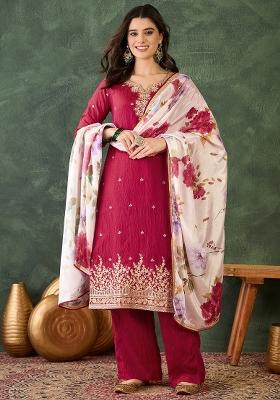 Rani Pink Embroidered Silk Blend Kurta Set