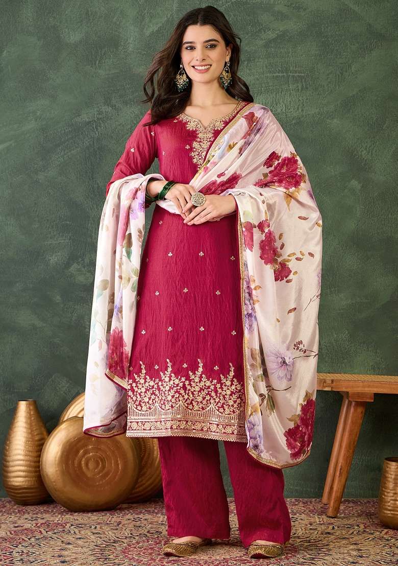 Rani Pink Embroidered Silk Blend Kurta Set - Indya