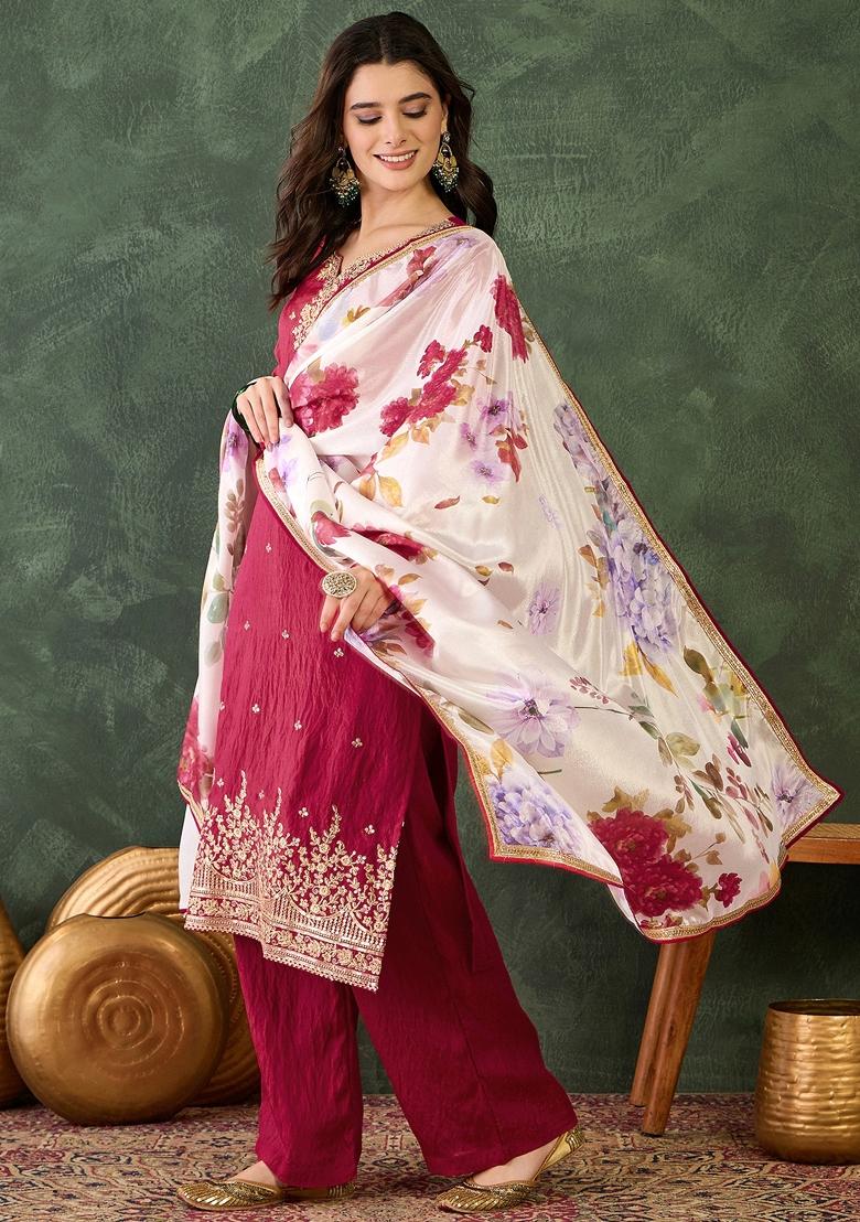 Rani Pink Embroidered Silk Blend Kurta Set - Indya