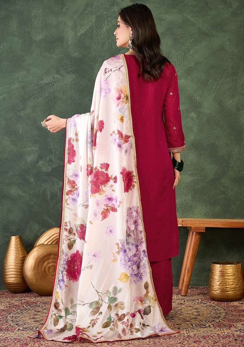 Rani Pink Embroidered Silk Blend Kurta Set - Indya