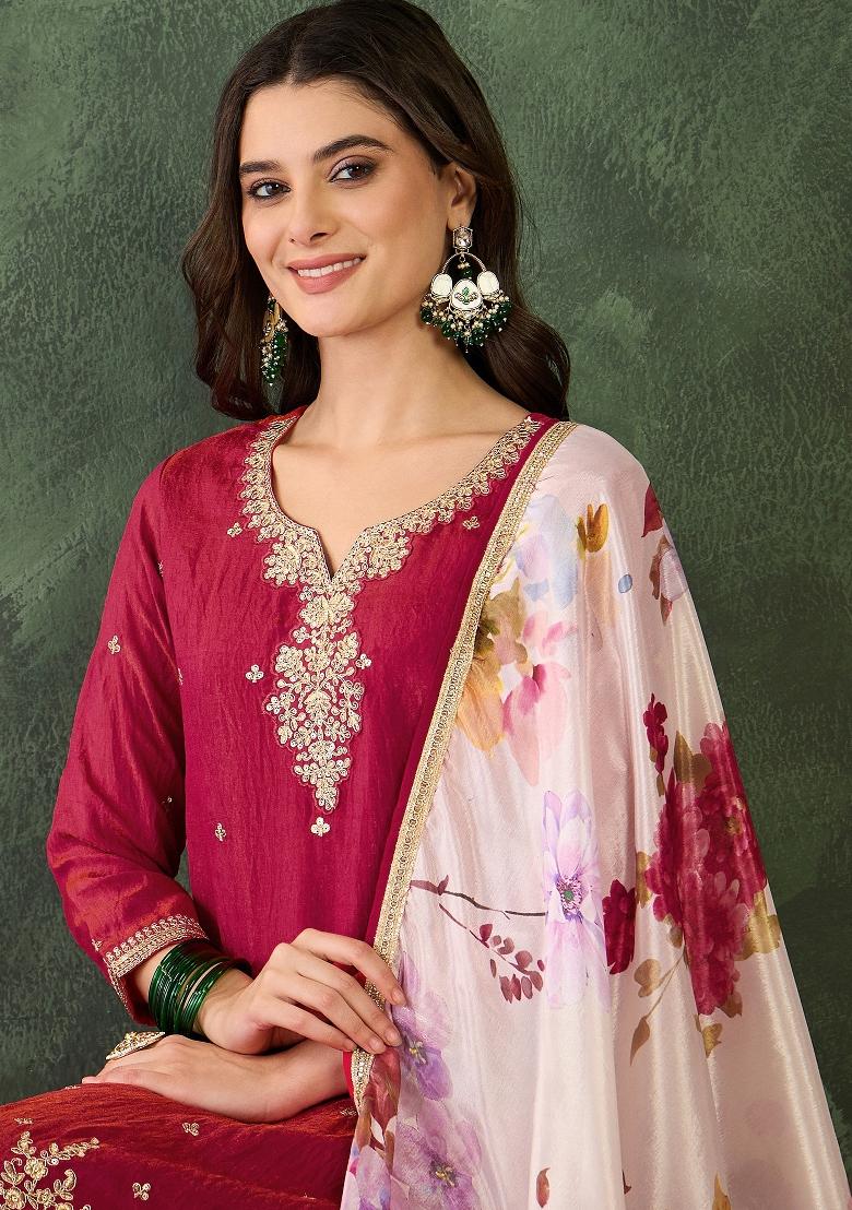 Rani Pink Embroidered Silk Blend Kurta Set - Indya