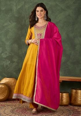 Mustard Embroidered Silk Blend Anarkali Set