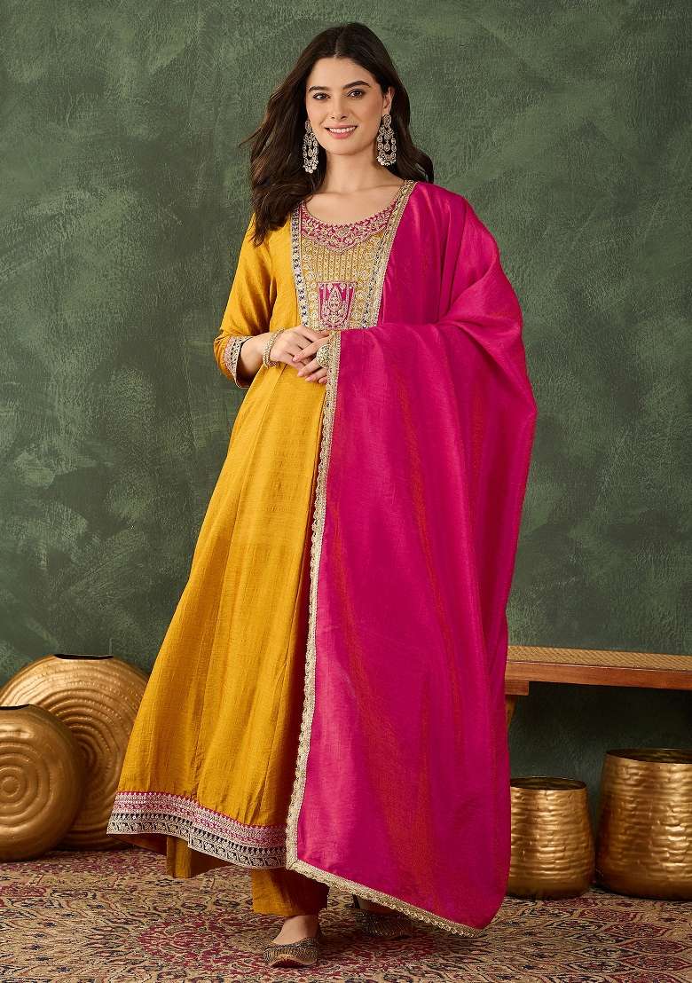 Mustard Embroidered Silk Blend Anarkali Set - Indya