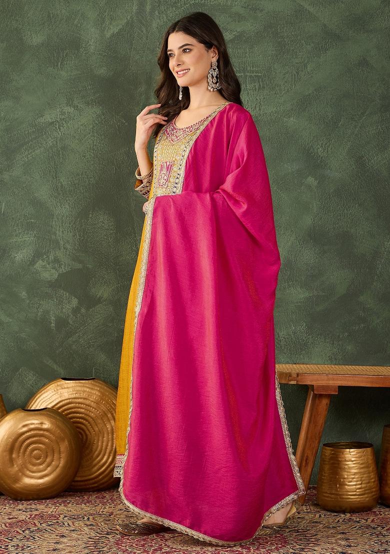 Mustard Embroidered Silk Blend Anarkali Set - Indya
