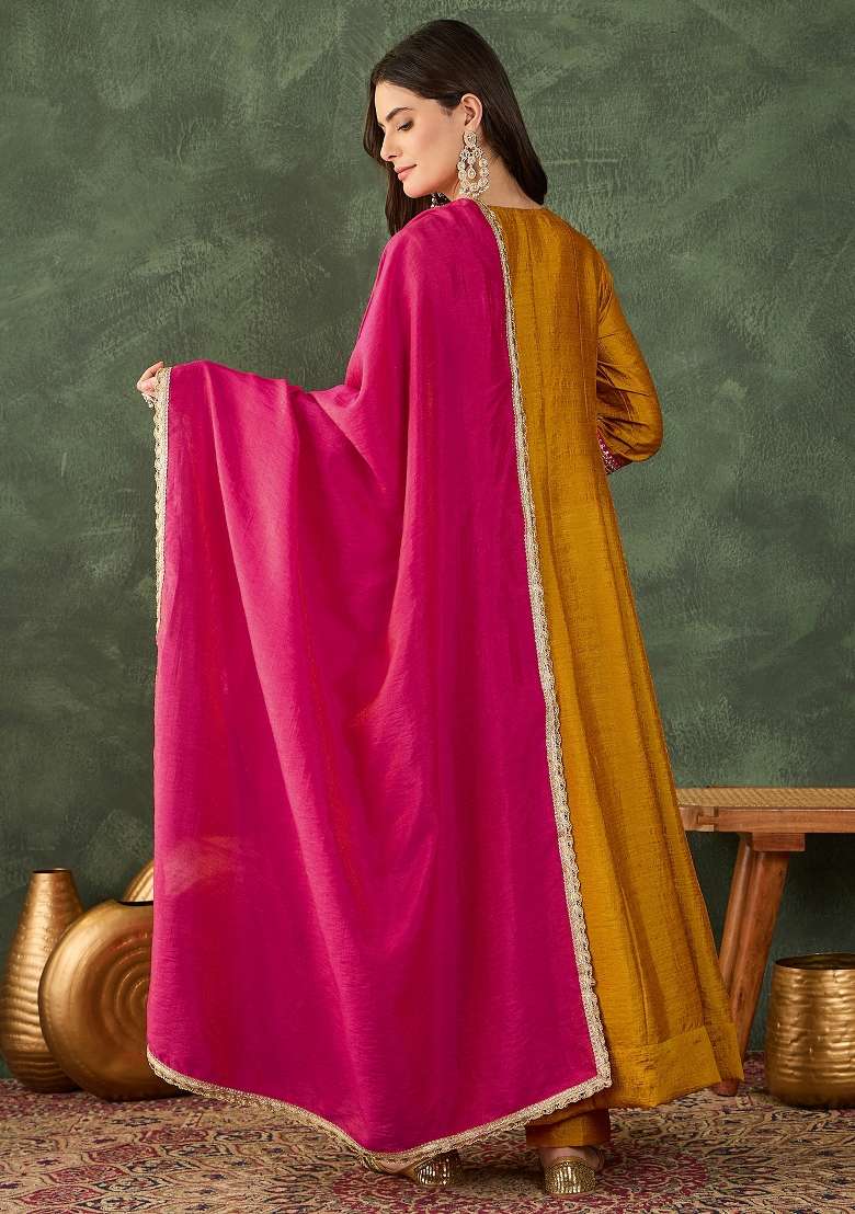 Mustard Embroidered Silk Blend Anarkali Set - Indya