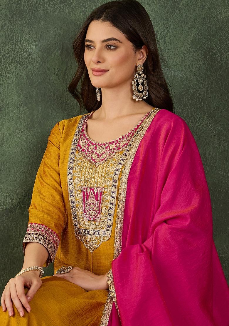 Mustard Embroidered Silk Blend Anarkali Set - Indya