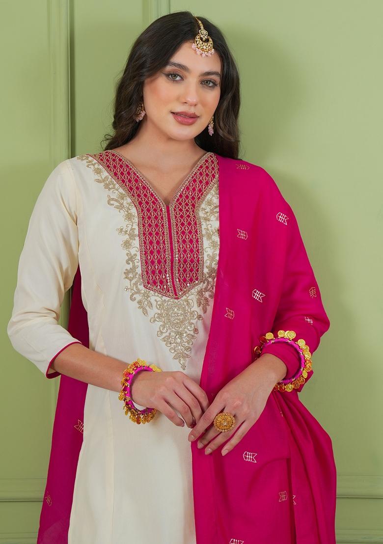 Off White Embroidered Simar Kurta Set - Indya