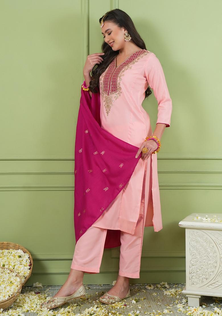 Peach Embroidered Simar Kurta Set - Indya