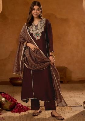 Coffee Embroidered Silk Blend Kurta Set