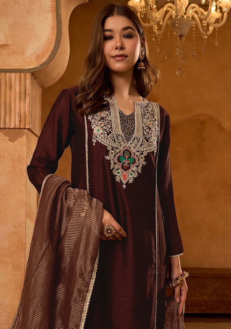 Coffee Embroidered Silk Blend Kurta Set - Indya