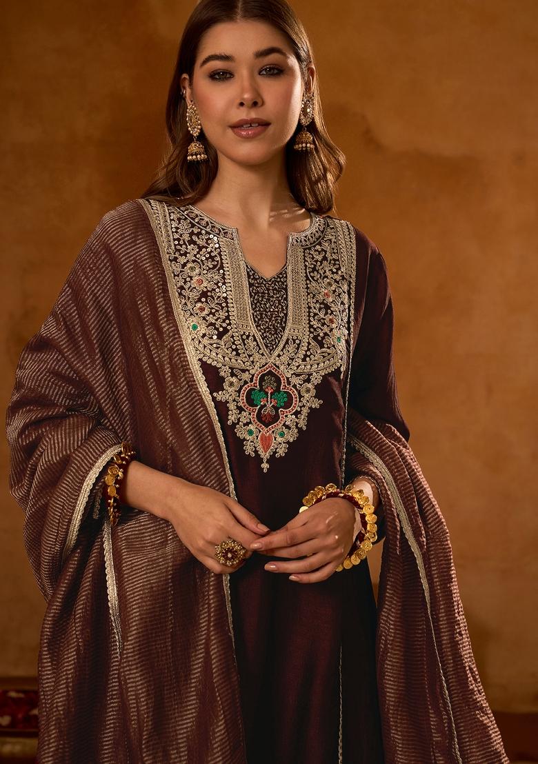 Coffee Embroidered Silk Blend Kurta Set - Indya